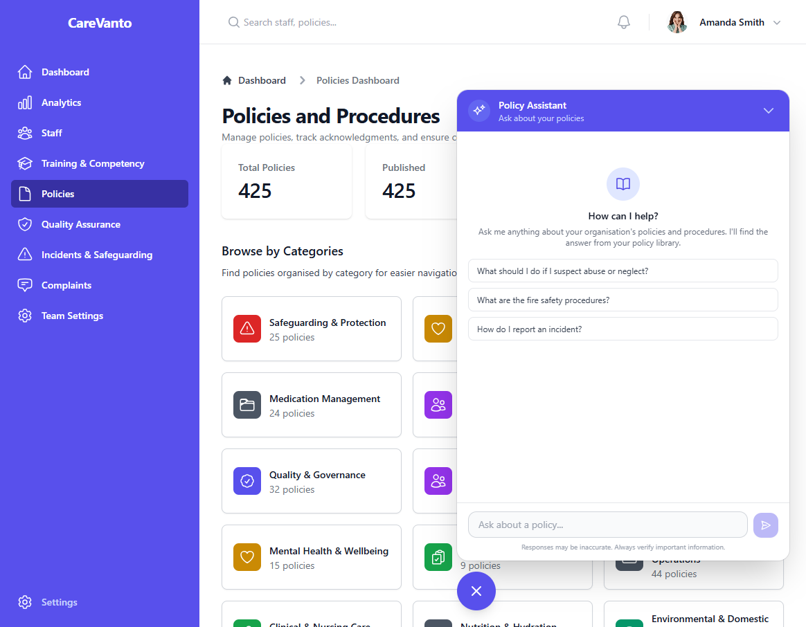 CareVanto CQC compliance software dashboard